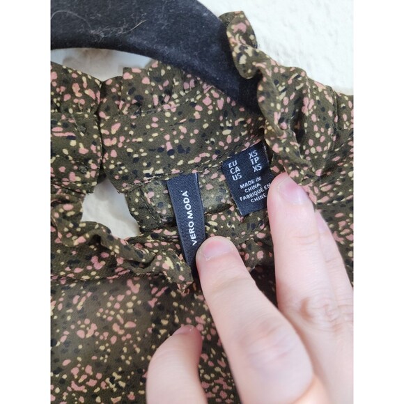 Vero Moda Blouse XS Green Pink Floral Ruffle High Neck Frill Long Sleeve Boho - Picture 7 of 7